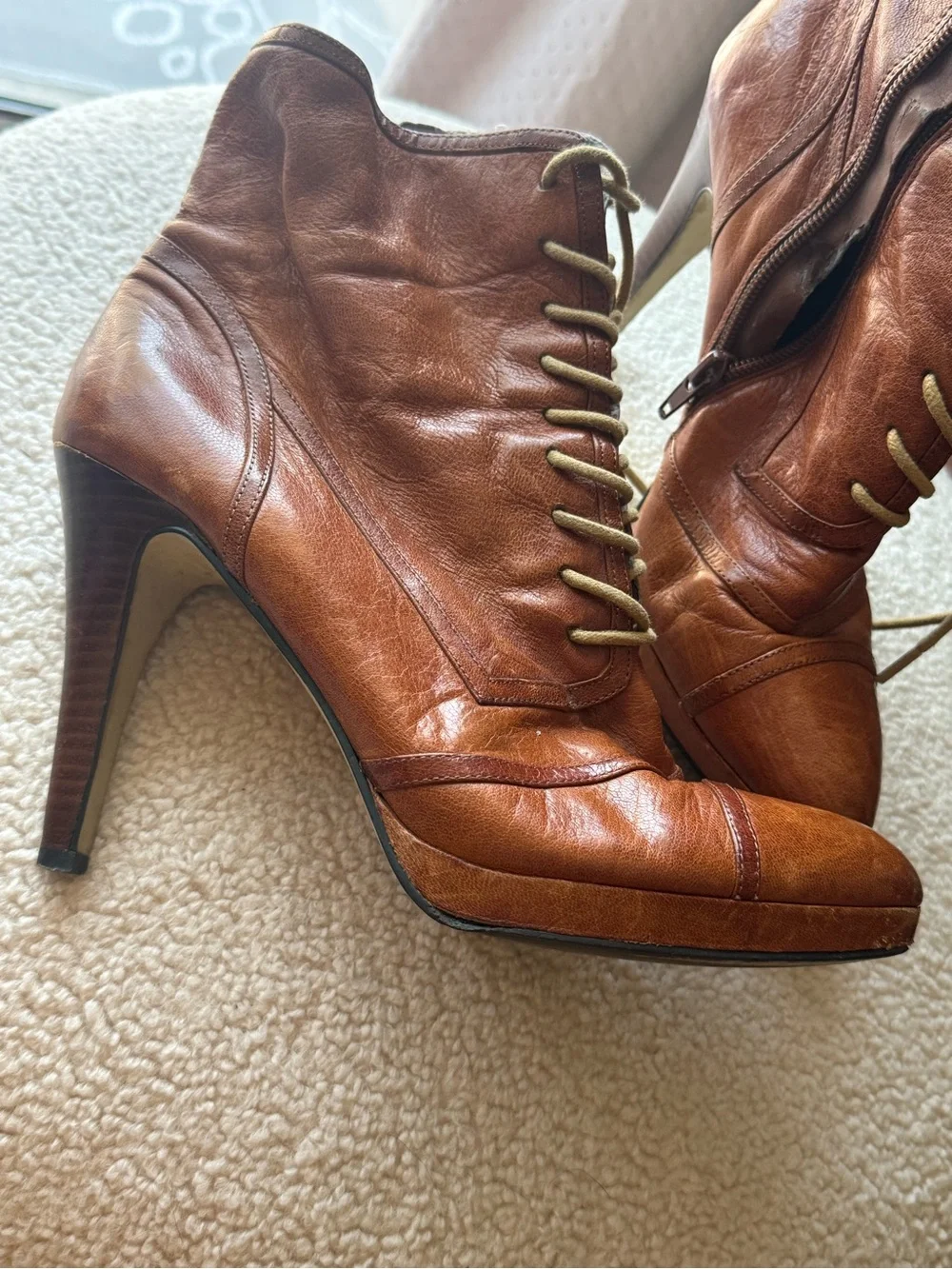 Carlos by Carlos Santana Cognac Brown Lace-Up High Heel Ankle Boots